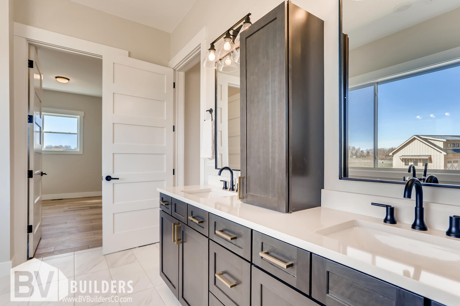 Modern farmhouse master bathroom with double vanity